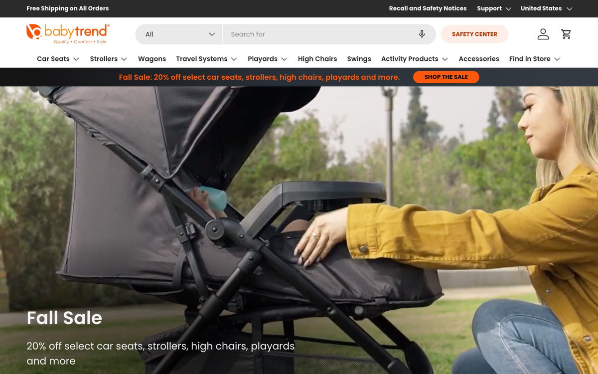 The Baby Trend homepage after the redesign, with the Safety Center button in the header and a Fall Sale video.