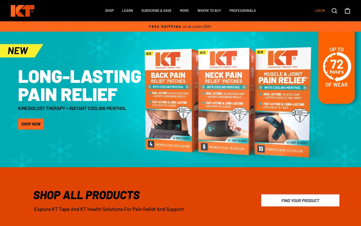 The new KT Tape homepage, first screen: a black header with the KT logo and a menu from Shop to Professionals, an orange free shipping bar, and a teal hero headed Long-Lasting Pain Relief, Kinesiology Therapy + Instant Cooling Menthol, showing back, neck and muscle and joint pain relief patch boxes and an Up to 72 hours of wear badge, above an orange Shop All Products band.