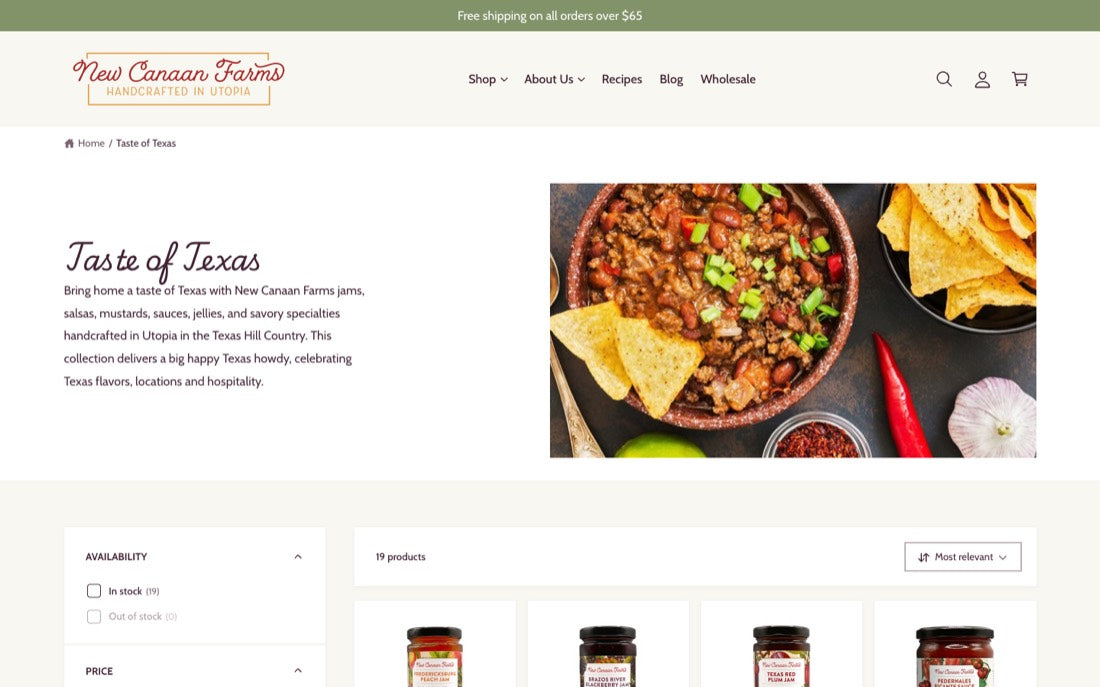 The Taste of Texas collection on the old theme, first screen.