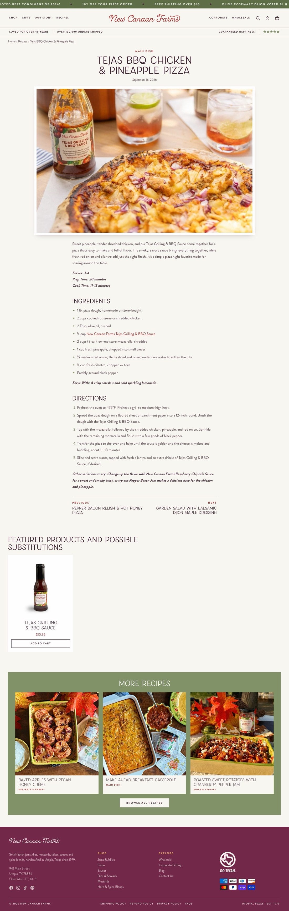 The new recipe page: a course label, the title in capitals, the photo in a white mat, ingredients and directions as real lists, previous and next recipes by name, Featured Products and Possible Substitutions with Add to Cart, and a More Recipes band.