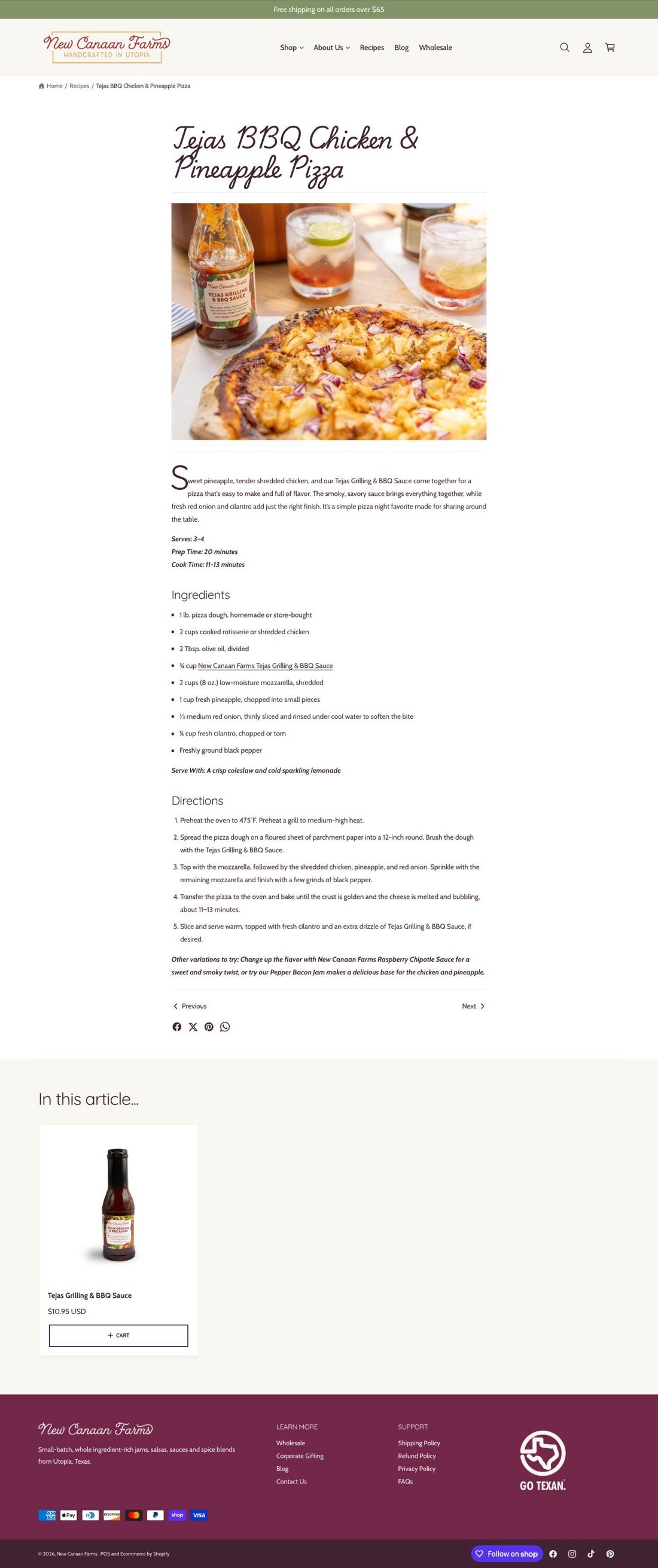 The old recipe page for Tejas BBQ Chicken and Pineapple Pizza: a script title, the photo, ingredients and directions, share icons, an In this article card for the sauce, and the footer.