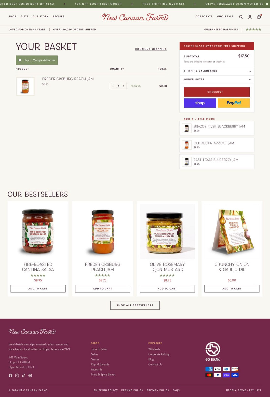 The new Your Basket page with two jars of peach jam, a free shipping band, and bestsellers below.