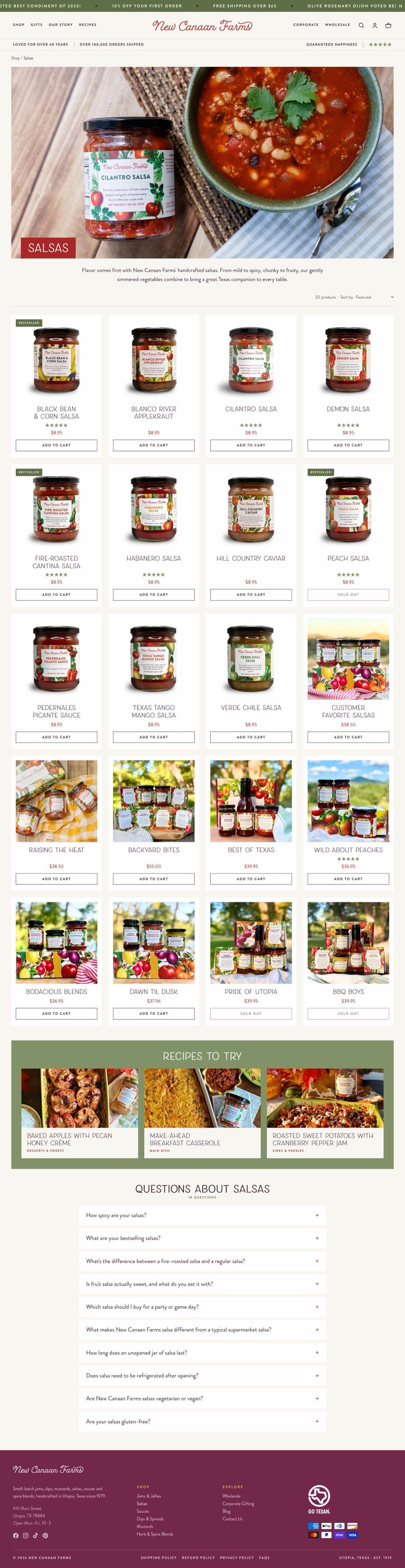 The new Salsas collection: a wide photo of cilantro salsa and chili with a red Salsas label, a short introduction, a product count and sort menu, a four-across grid of jars and gift sets with Bestseller badges, star ratings and Add to Cart buttons, a Recipes to Try band and ten questions about salsas.