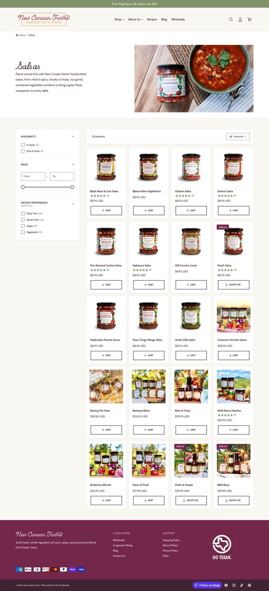 The old Salsas collection: a script heading beside a photo, then a filter sidebar for availability and price next to a grid of jar photos on white, and the footer.