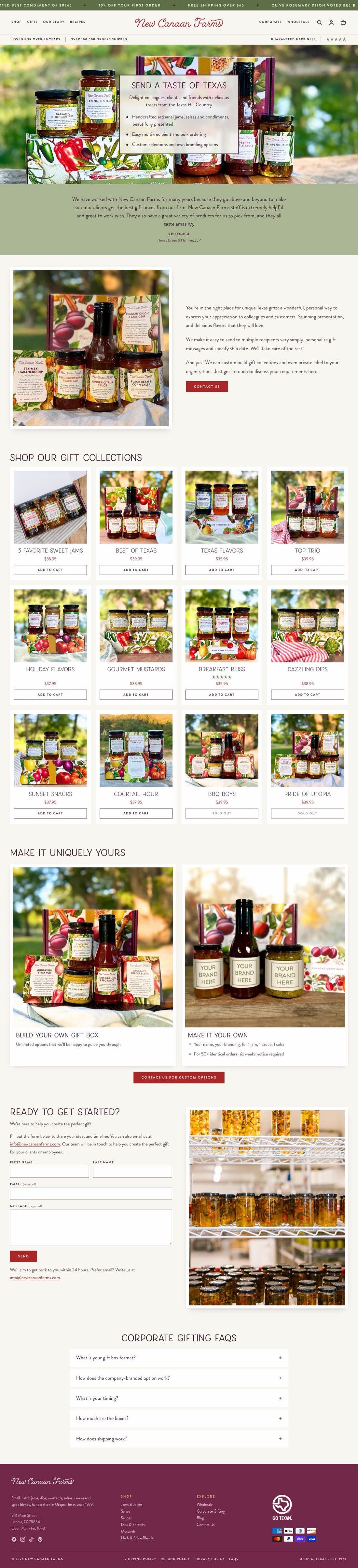 The new Corporate Gifting page: a Send a Taste of Texas banner with three selling points, a client testimonial on sage green, an introduction with a Contact Us button, twelve gift boxes with Add to Cart, Make It Uniquely Yours options for custom and branded boxes, an inquiry form and gifting questions.