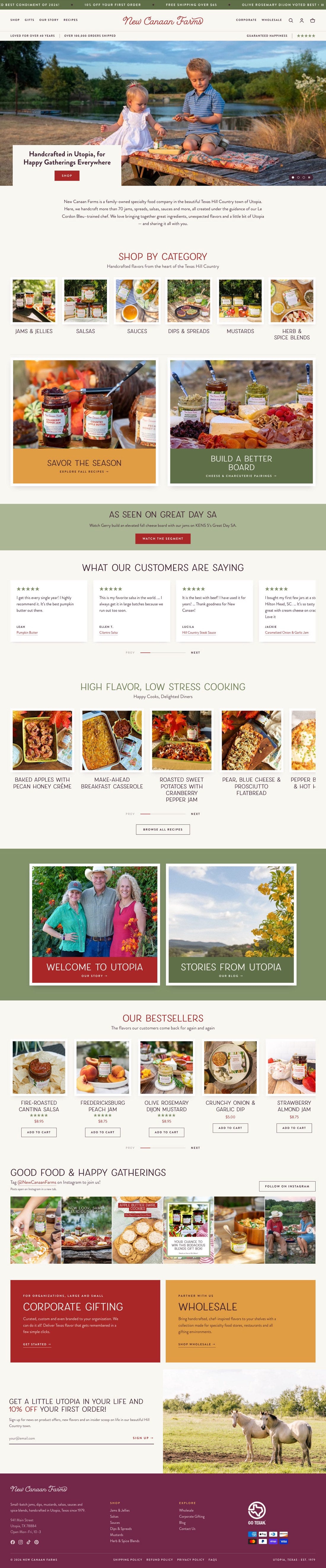 The new New Canaan Farms homepage, full length, from the announcement ticker and trust bar to the footer. The numbered list after this comparison describes each section in order.