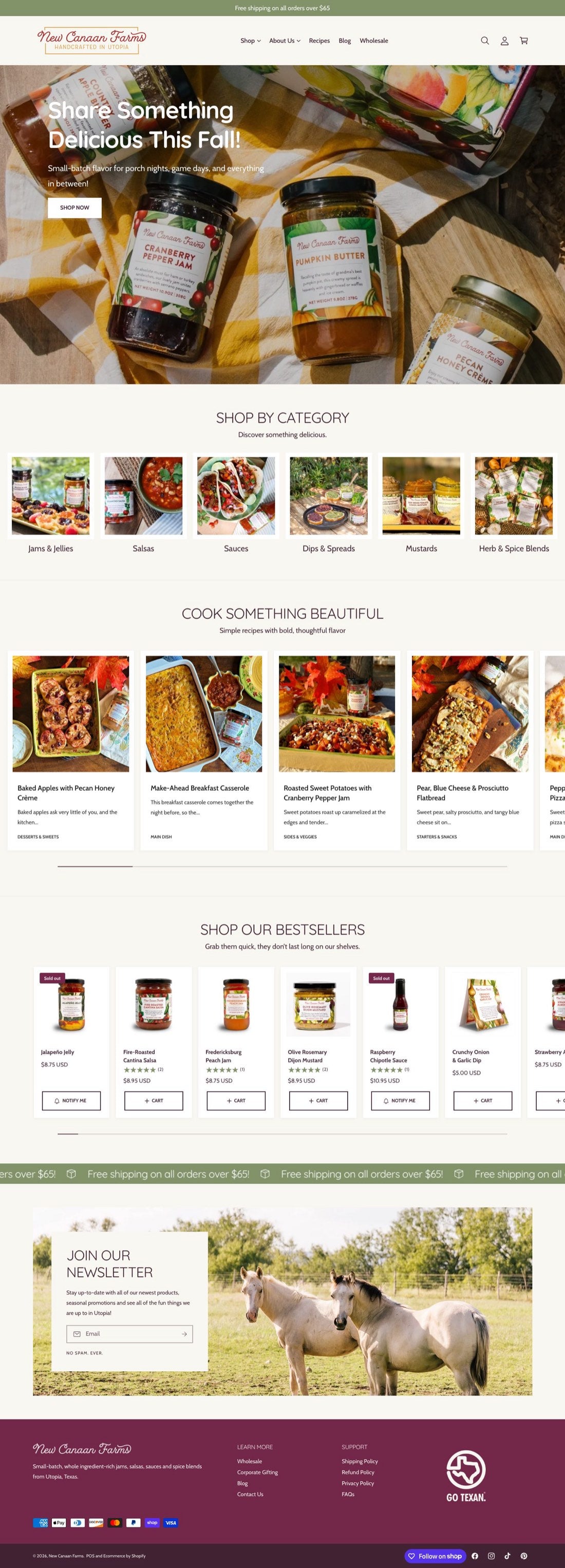 The old homepage, full length: a fall banner, Shop by Category, a recipe row, a bestseller row with Notify Me buttons, a scrolling free shipping strip, a newsletter box over a photo of two horses, and the footer.