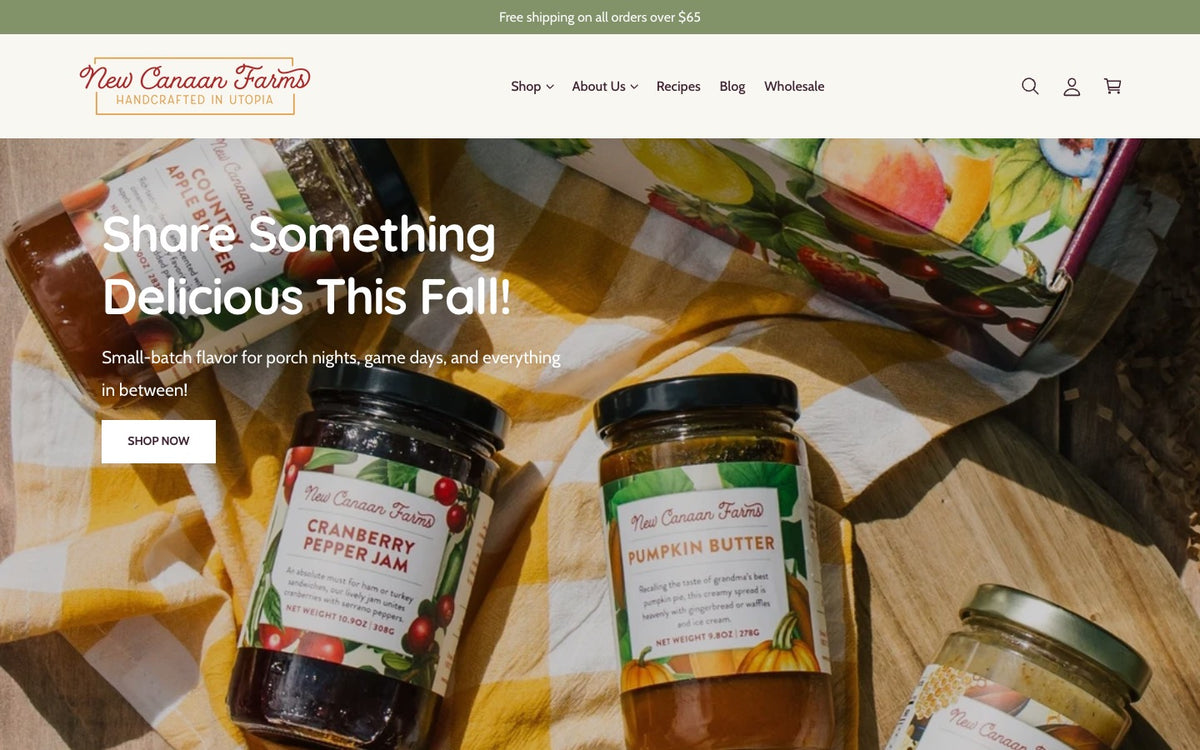 Before: The old homepage. A plain header with a boxed logo, and a close-up of jam jars on a gingham cloth under the headline Share Something Delicious This Fall.