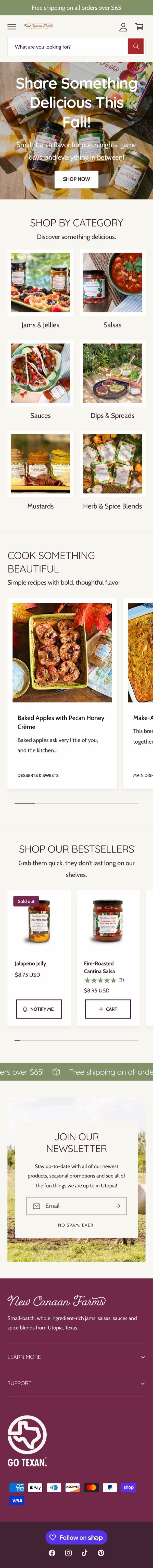 The old homepage on a phone: a shipping banner, a small logo beside account and cart icons, a full-width search box, then a fall promotion with white headline text set directly over a photo of jars, a Shop Now button, and the start of a Shop by Category grid.