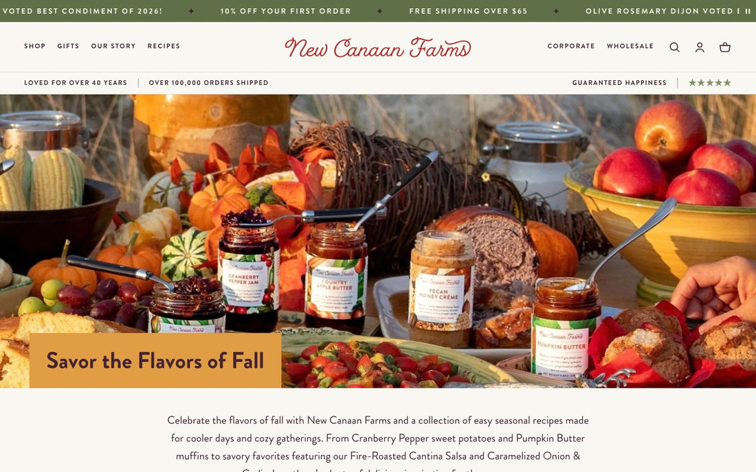 The Fall Flavors landing page on New Canaan Farms: an autumn table of pumpkins, apples and jars of Cranberry Pepper Jam, Country Apple Butter and Pecan Honey Crème under the heading Savor the Flavors of Fall, then an introduction to the season's recipes.