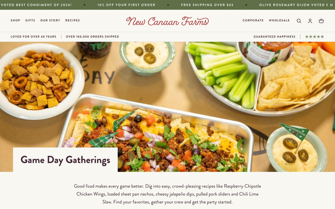 The Game Day Gatherings landing page on New Canaan Farms: sheet pan nachos, snack mix, queso and chips with salsa under the heading Game Day Gatherings, then an introduction to crowd-pleasing recipes.