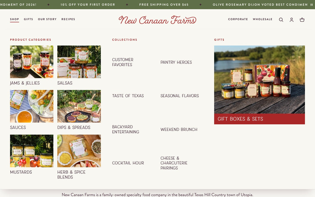 The Shop menu open: photo tiles for six product categories, a column of eight collections including Taste of Texas and Seasonal Flavors, and a large Gift Boxes and Sets tile.