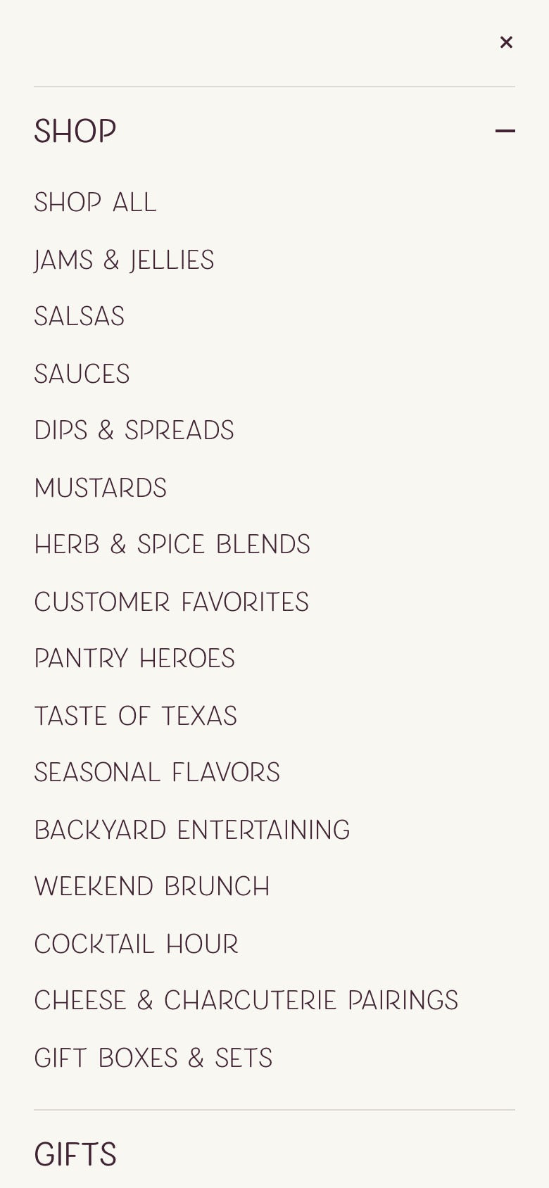 The phone menu open with the Shop section expanded into categories and collections.