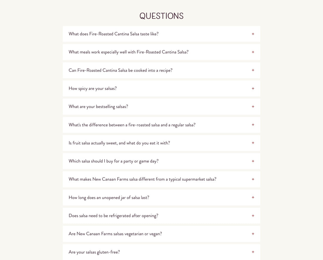 The Questions section: an accordion of shopper questions about the salsa.