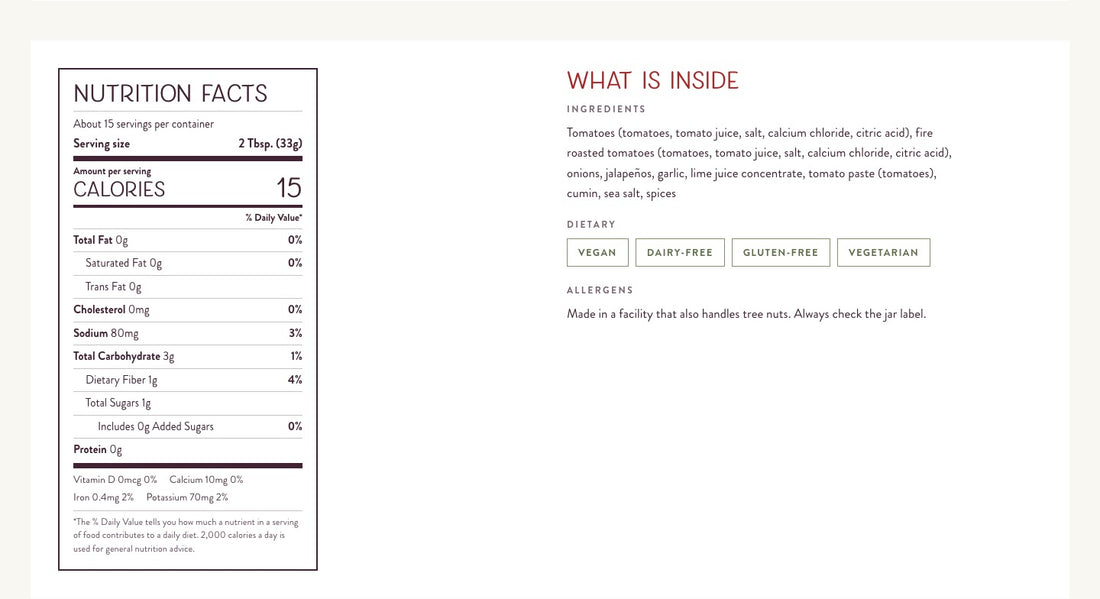 The What is inside section: a Nutrition Facts panel with serving size, calories and daily values, next to ingredients, dietary tags and an allergen note.