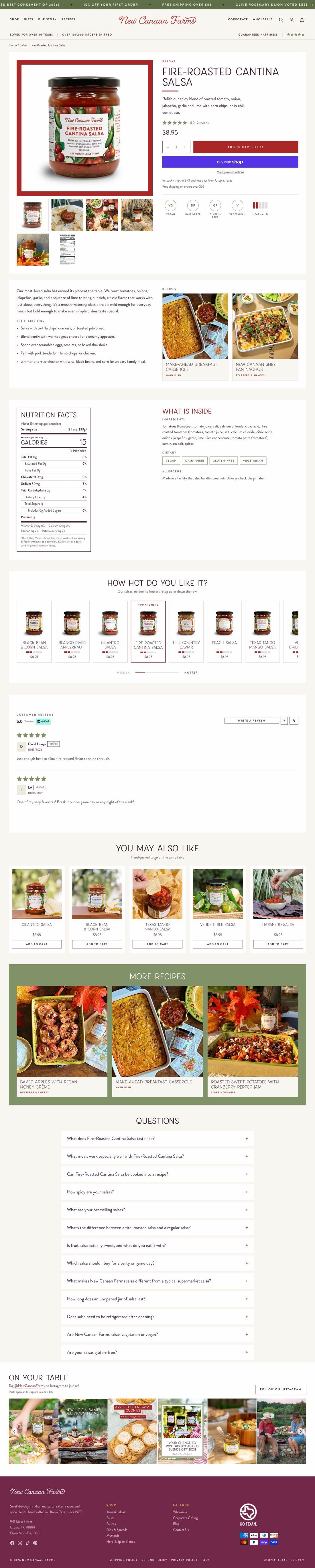 The new Fire-Roasted Cantina Salsa product page on New Canaan Farms, full length, from the buy box to the footer. The numbered list after this comparison describes each section in order.