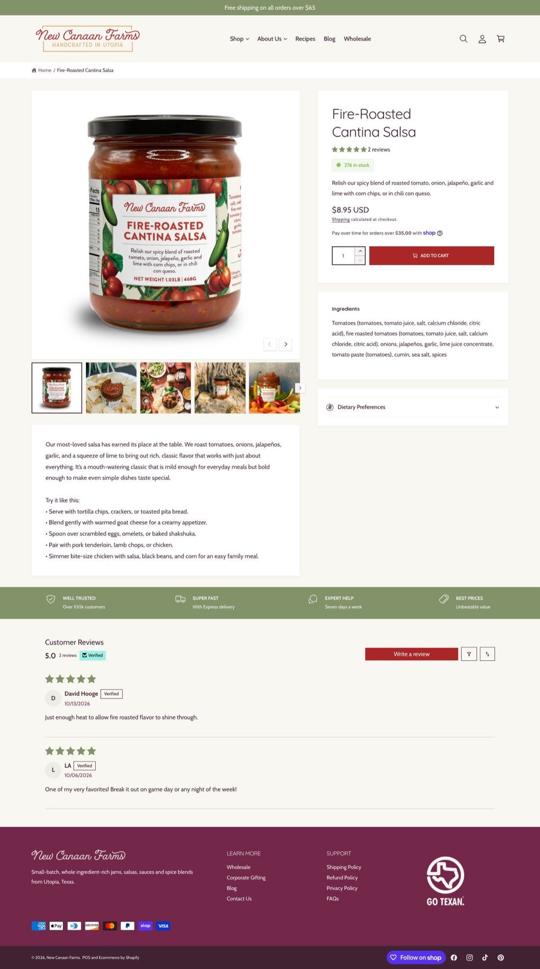 The old Fire-Roasted Cantina Salsa page: a product photo with thumbnails, the title, price and add to cart, an ingredients box, a dietary preferences accordion, the description, a row of four generic service icons, customer reviews and the footer.