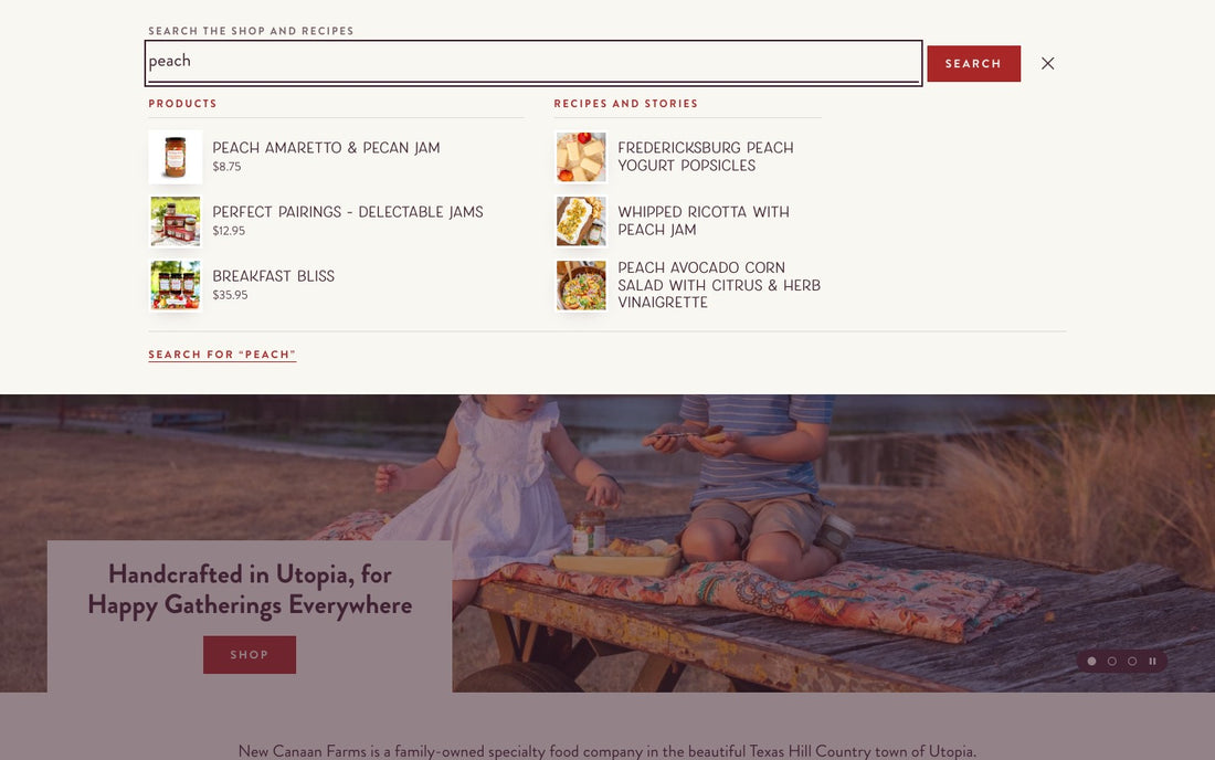 The search overlay with the word peach typed: three matching products with prices on the left, three peach recipes on the right.