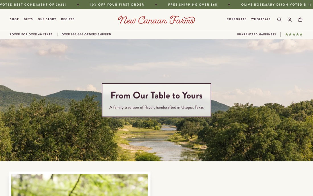 The new Our Story page, first screen: the same river view with the title in a framed box, then the story beside the jam photo in a white mat.