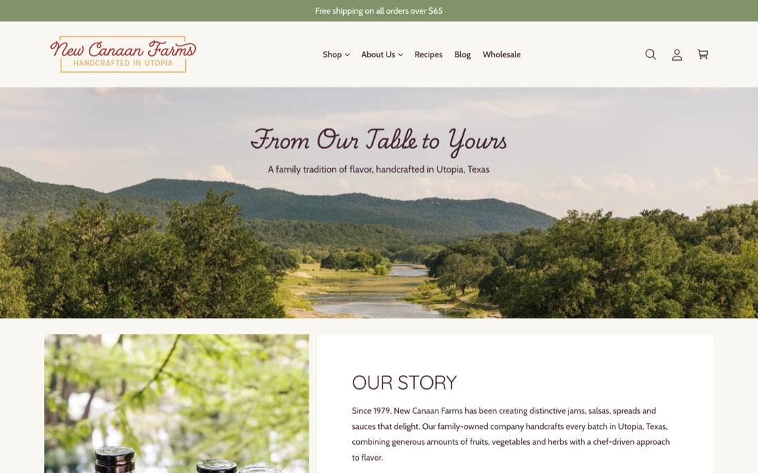 The old Our Story page, first screen: a script title over a Hill Country river view, then the story beside a photo of jams.