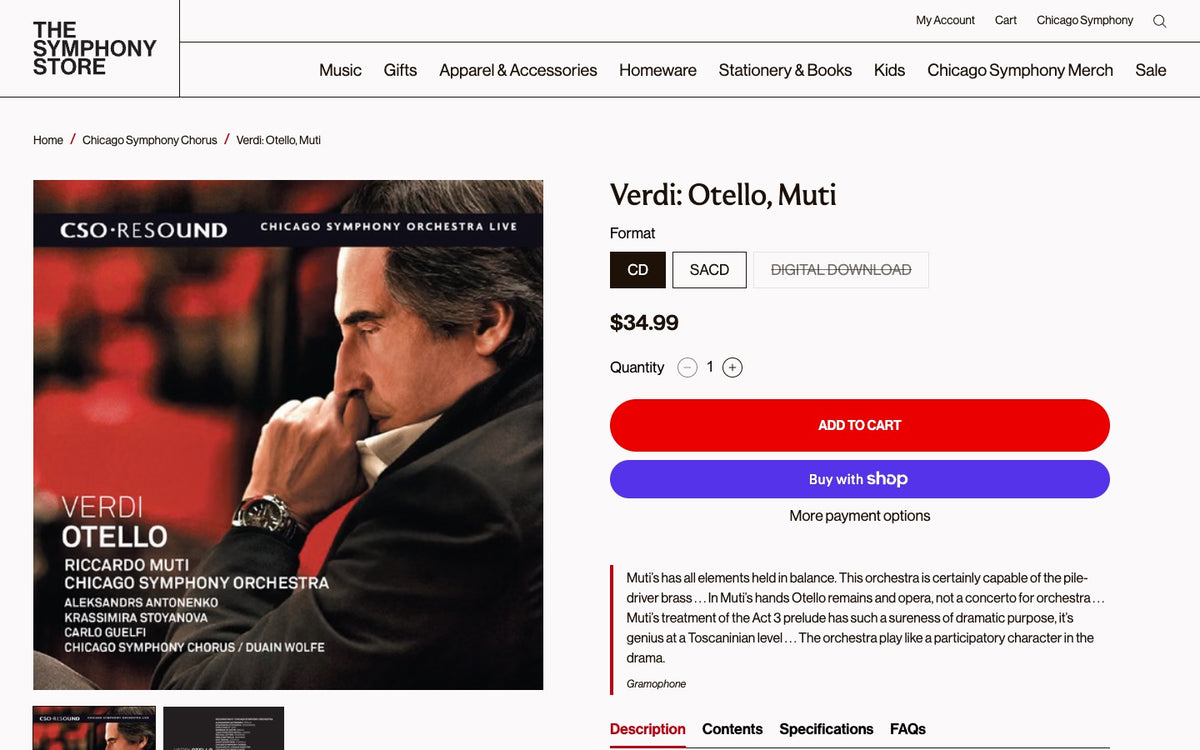 The new Verdi: Otello, Muti product page on The Symphony Store, first screen: the CSO Resound album cover with Riccardo Muti, the CD, SACD and digital download formats at $34.99, Add to cart, the Gramophone press quote set apart with a red rule, and the Description, Contents, Specifications and FAQs tabs.